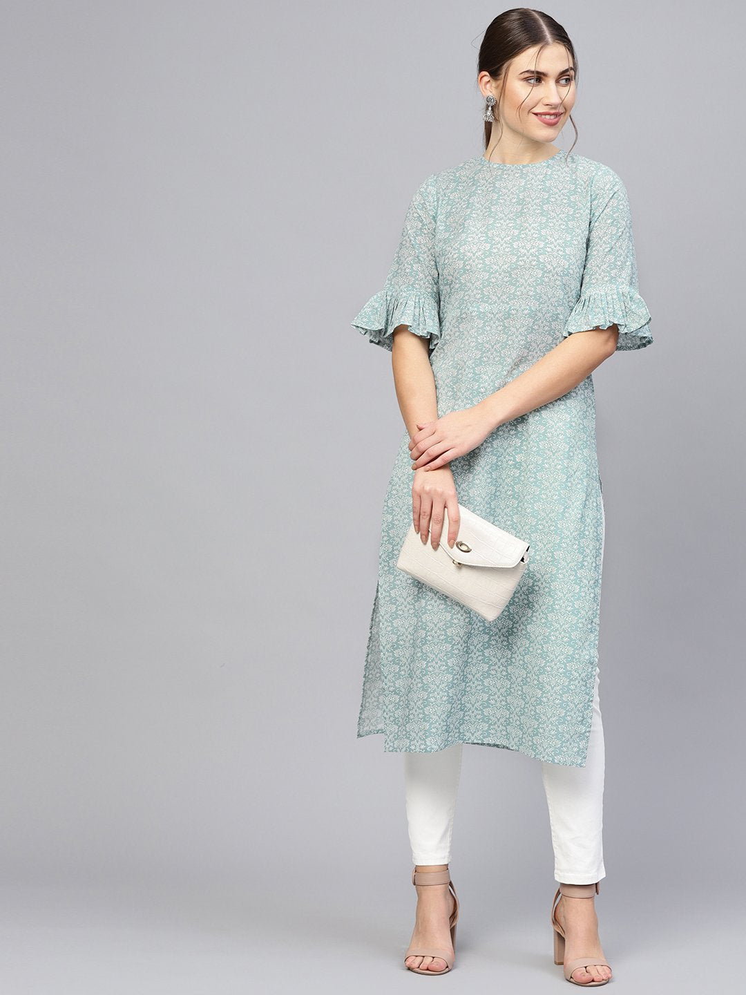 Women's Grey & White Printed Straight Kurta