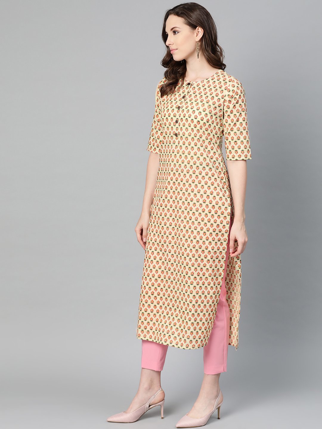 Women's Beige With Multi Floral Printed Kurta With Buttons Detailing