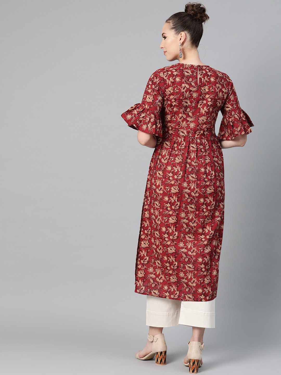 Women's Maroon & Beige Printed A-Line Kurta With Round Flared Sleeves