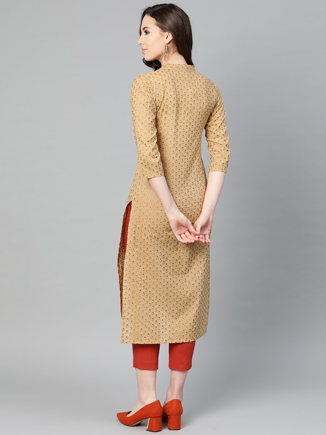 Women's Yellow Printed Straight Kurta With Mandarin Collar With 3/4 Sleeves