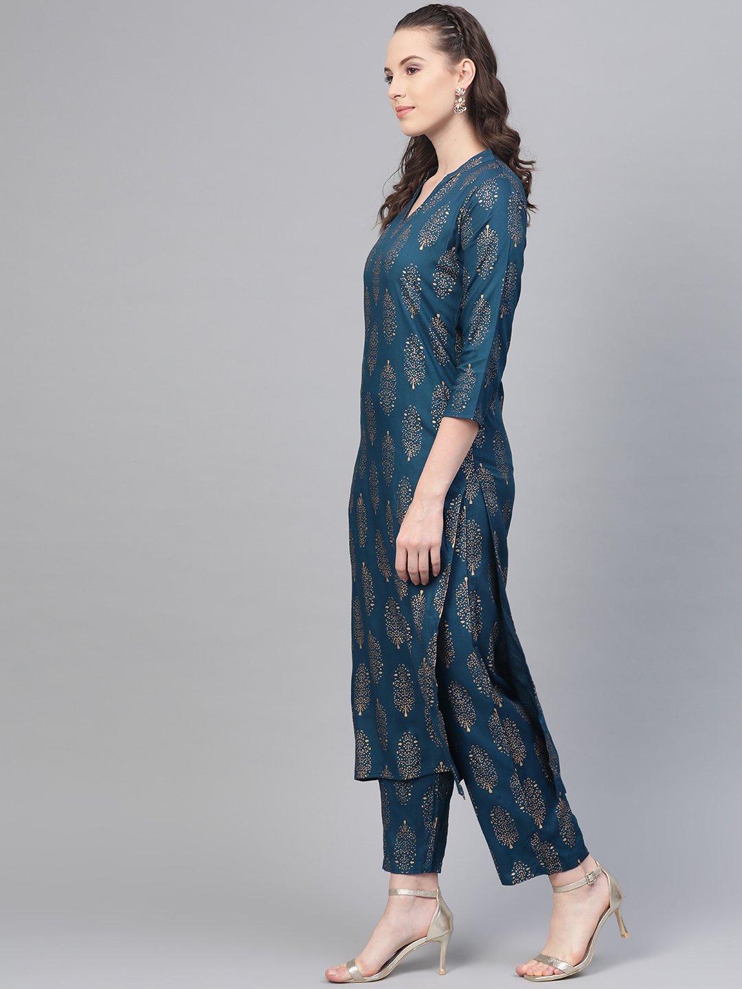 Women's Teal Blue Gold Printed Kurta Set With Pant