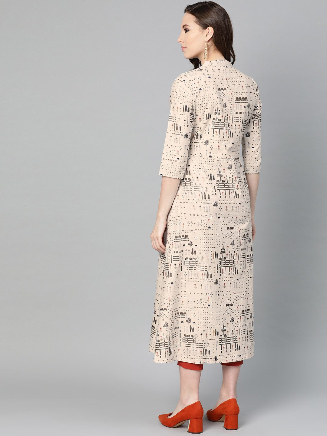 Women's Beige And Black Printed A-Line Cotton Kurta