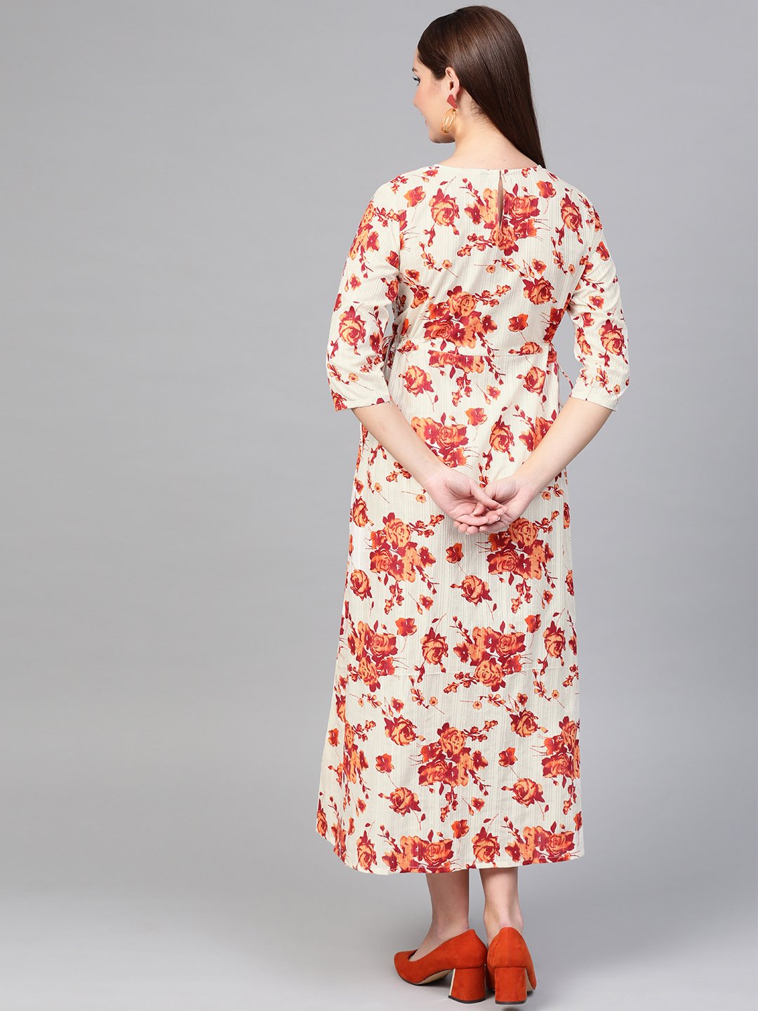 Women's Nayo Off White & Orange Floral Printed Maxi Dress