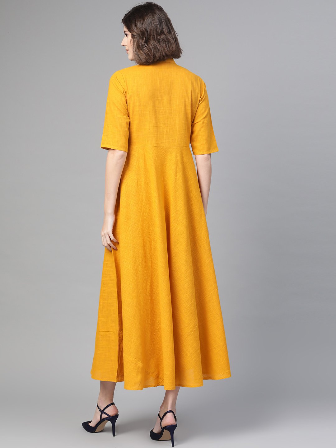 Women's Nayo Mustard & Black Solid Fit And Flare Dress
