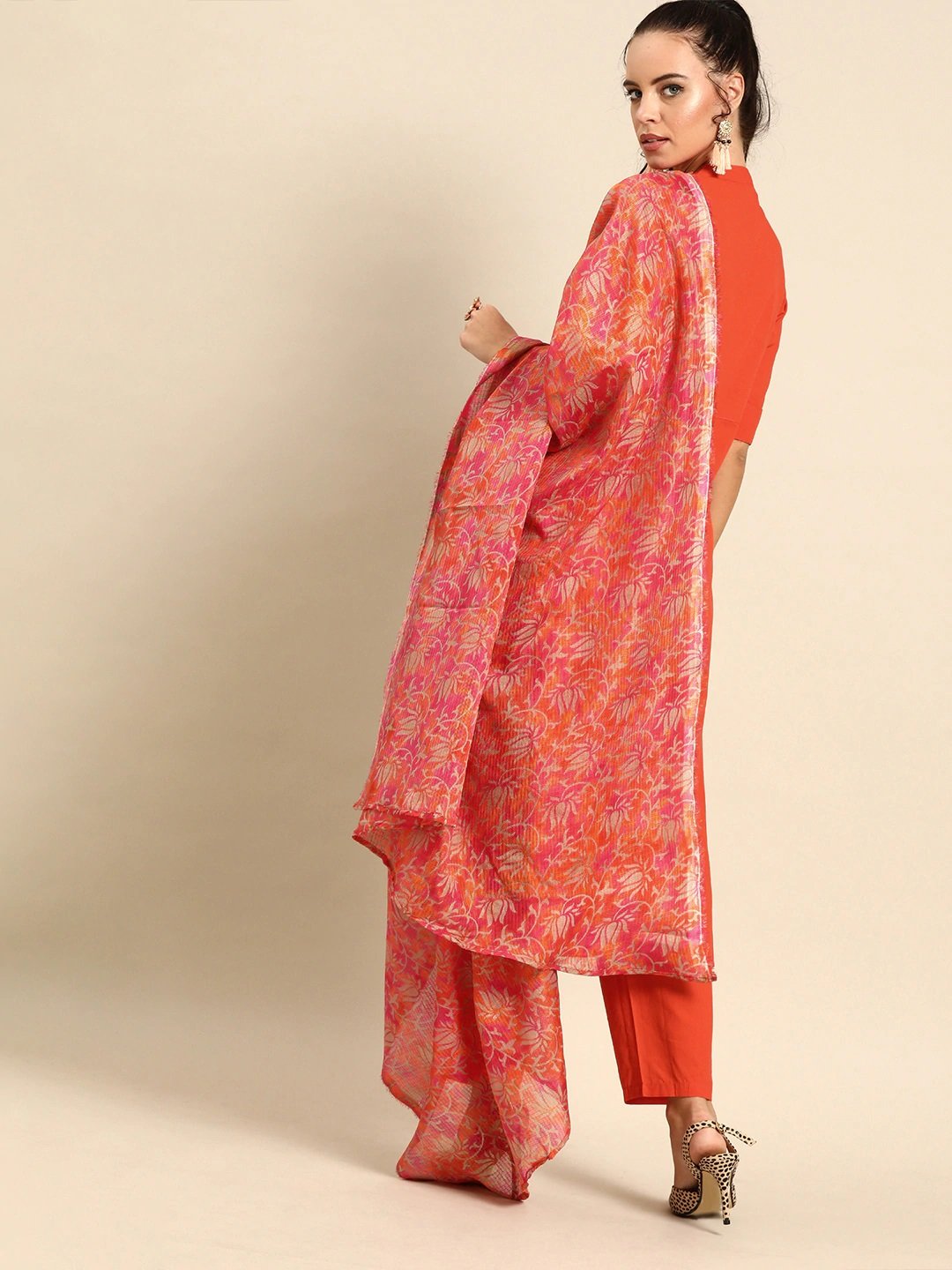 Women's Orange Solid Kurta With Trousers & Dupatta