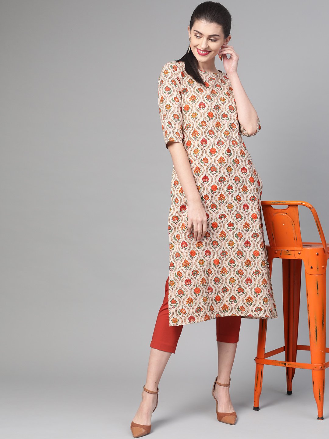 Women's Nayo Cream & Orange Cotton Straight Floral Printed Kurta