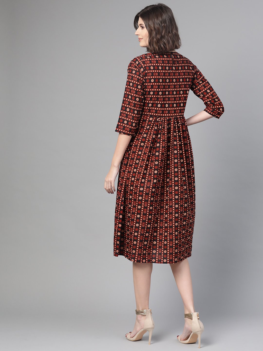 Women's Nayo Black & Orange Floral Printed Fit And Flare Dress