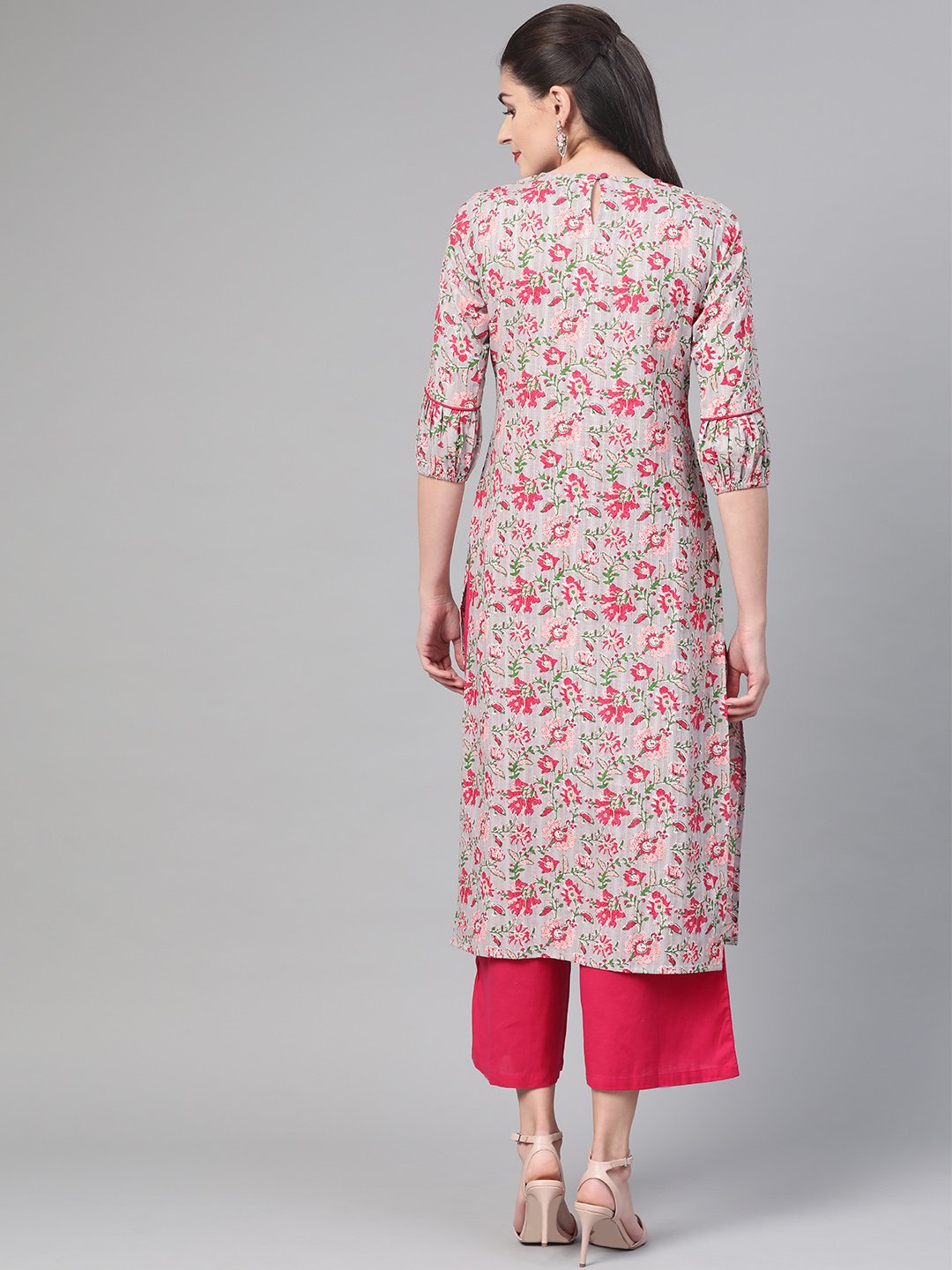 Women's Nayo Grey & Pink Cotton Straight Floral Printed Kurta