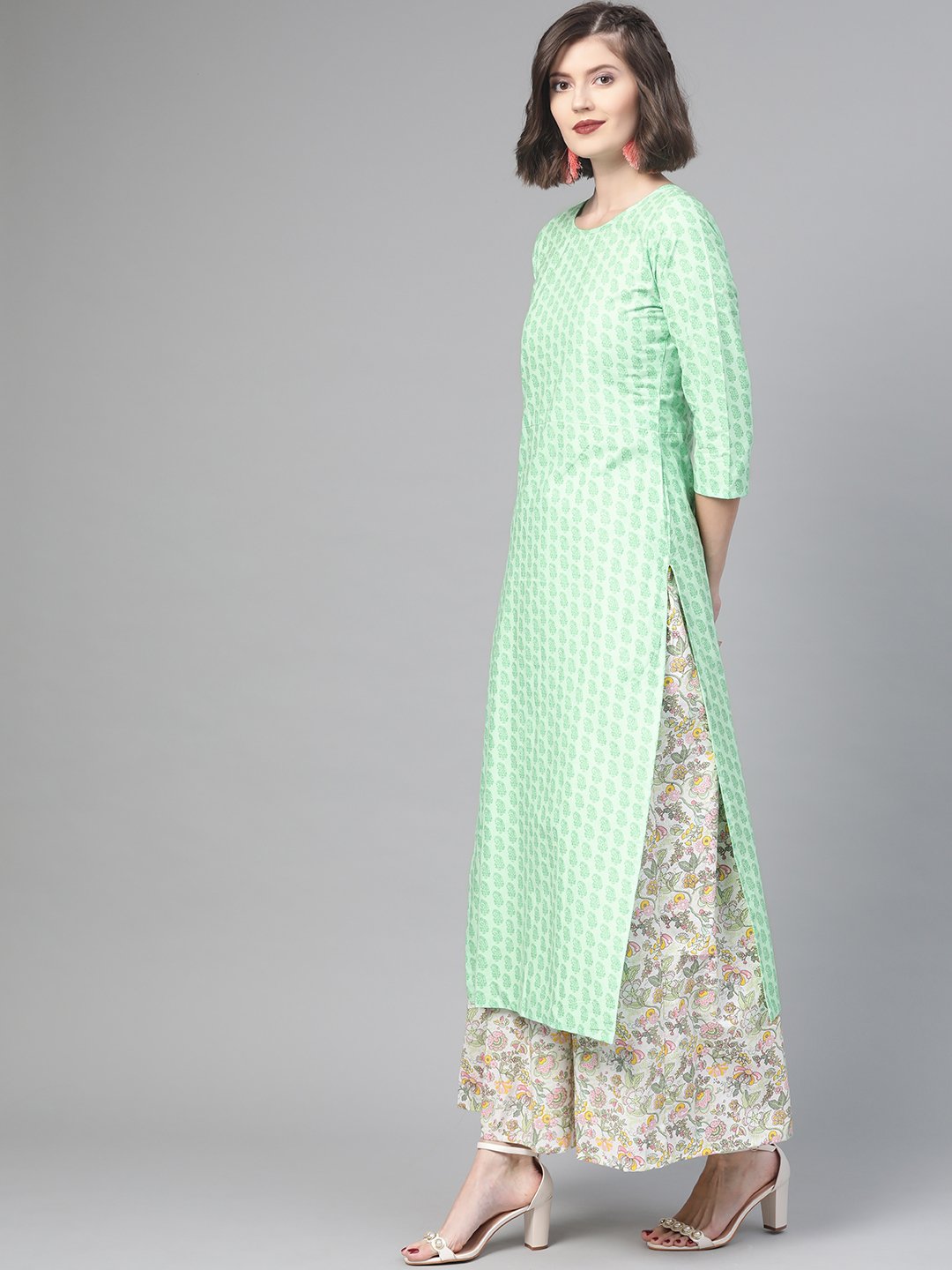 Women's Nayo Green & Pink Straight Ethnic Motifs Printed Kurta And Skirt Set