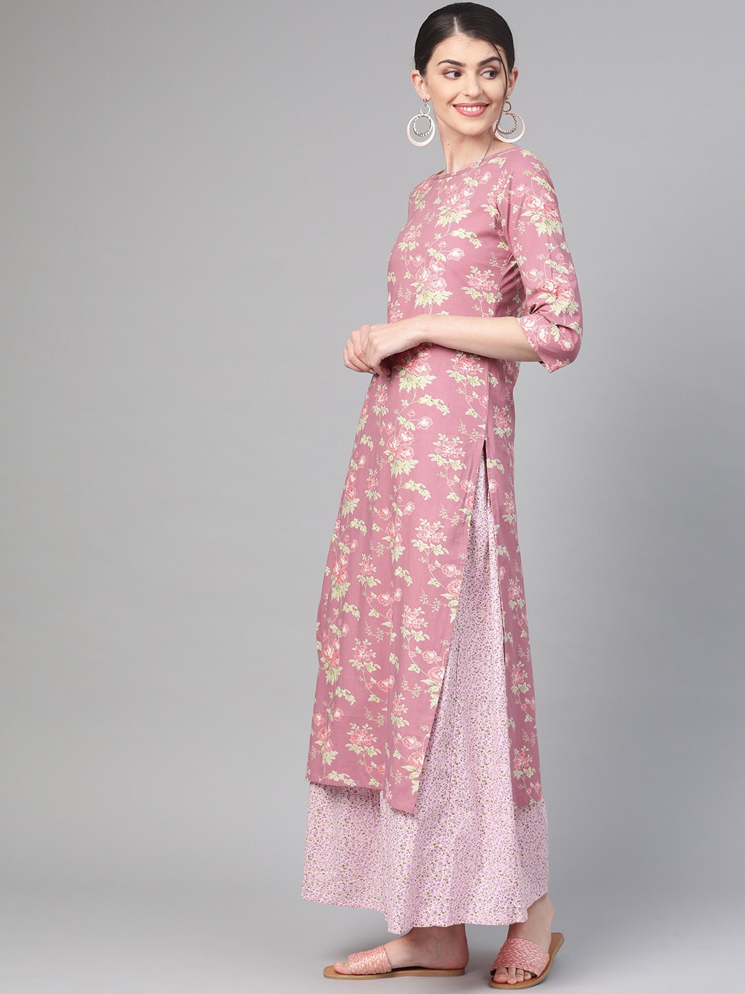 Women's Nayo Pink & Green Straight Floral Printed Kurta And Skirt Set