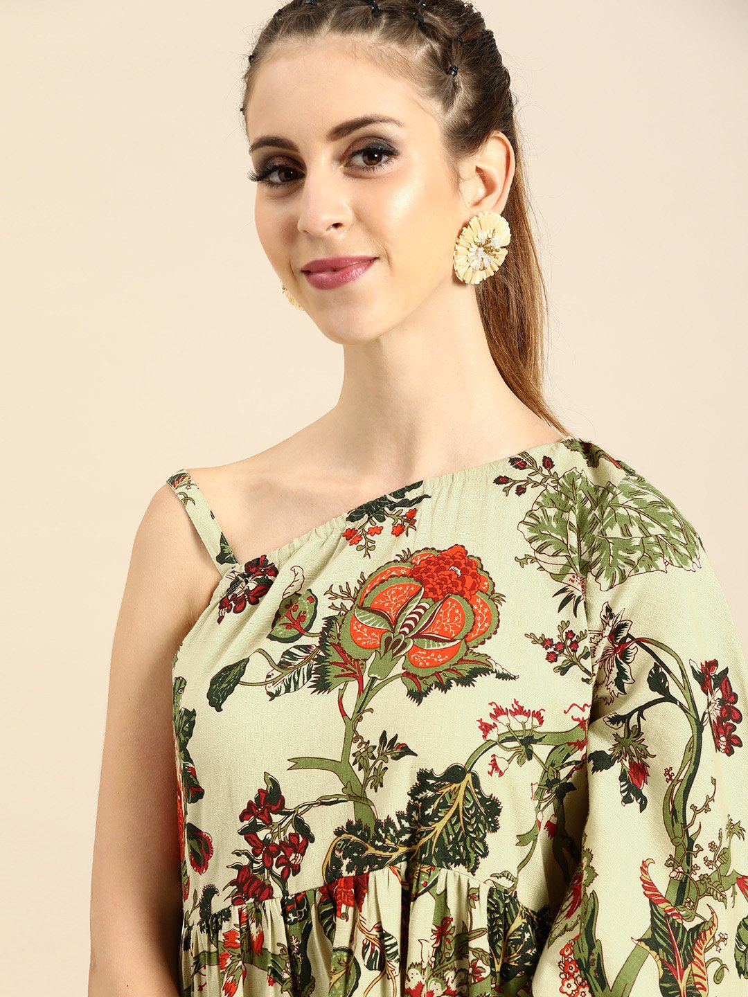 Women's Nayo Beige Floral Printed One Shoulder Fit And Flare Dress
