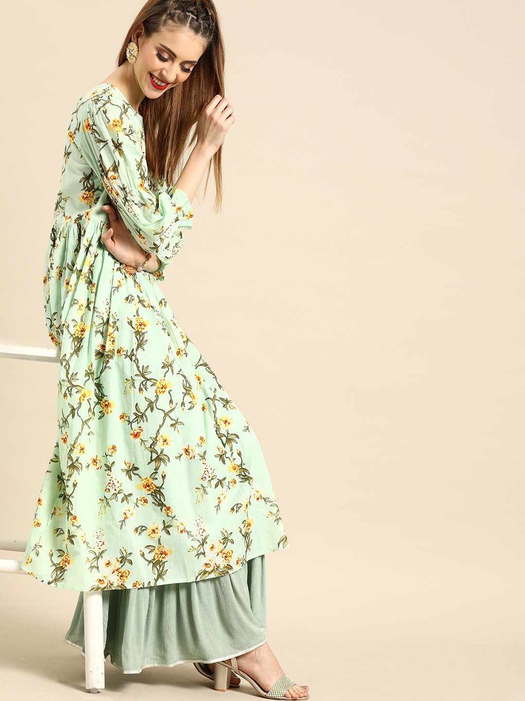 Women's Nayo Mint Green Calf Length Three-Quarter Sleeves A-Line Floral Printed Cotton Kurta