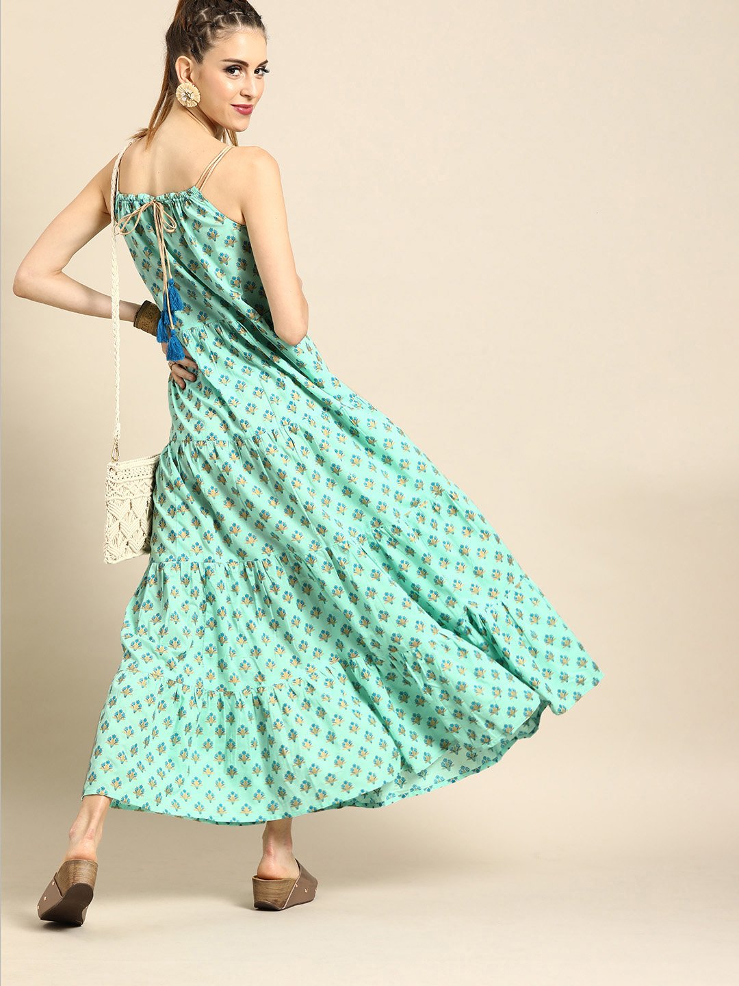 Women's Nayo Ice Blue Floral Printed Halter Neck Fit And Flare Dress