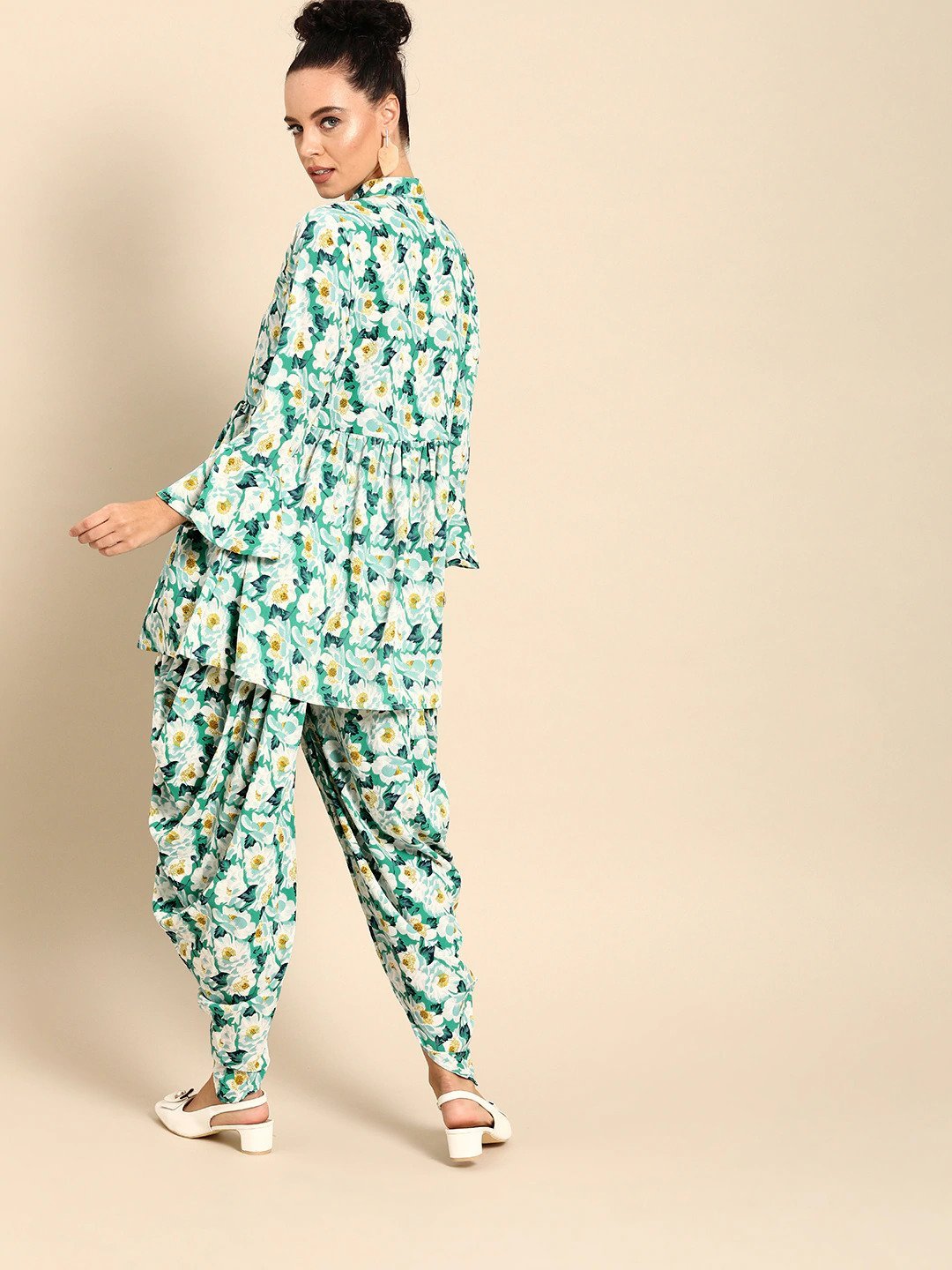 Women's Green & White Printed Kurta With Dhoti Pants