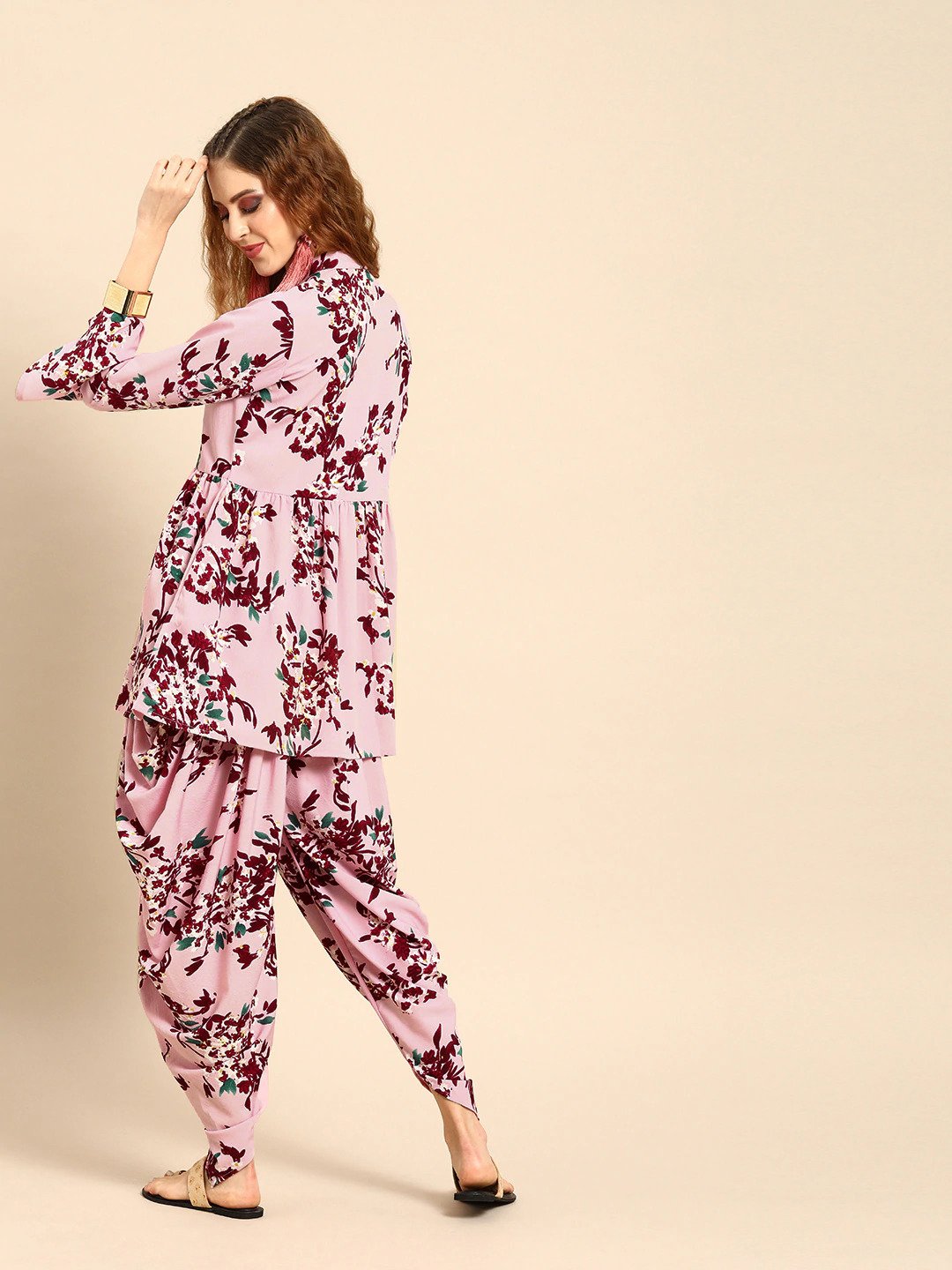 Women's Pink & Maroon Printed Kurta With Dhoti Pants