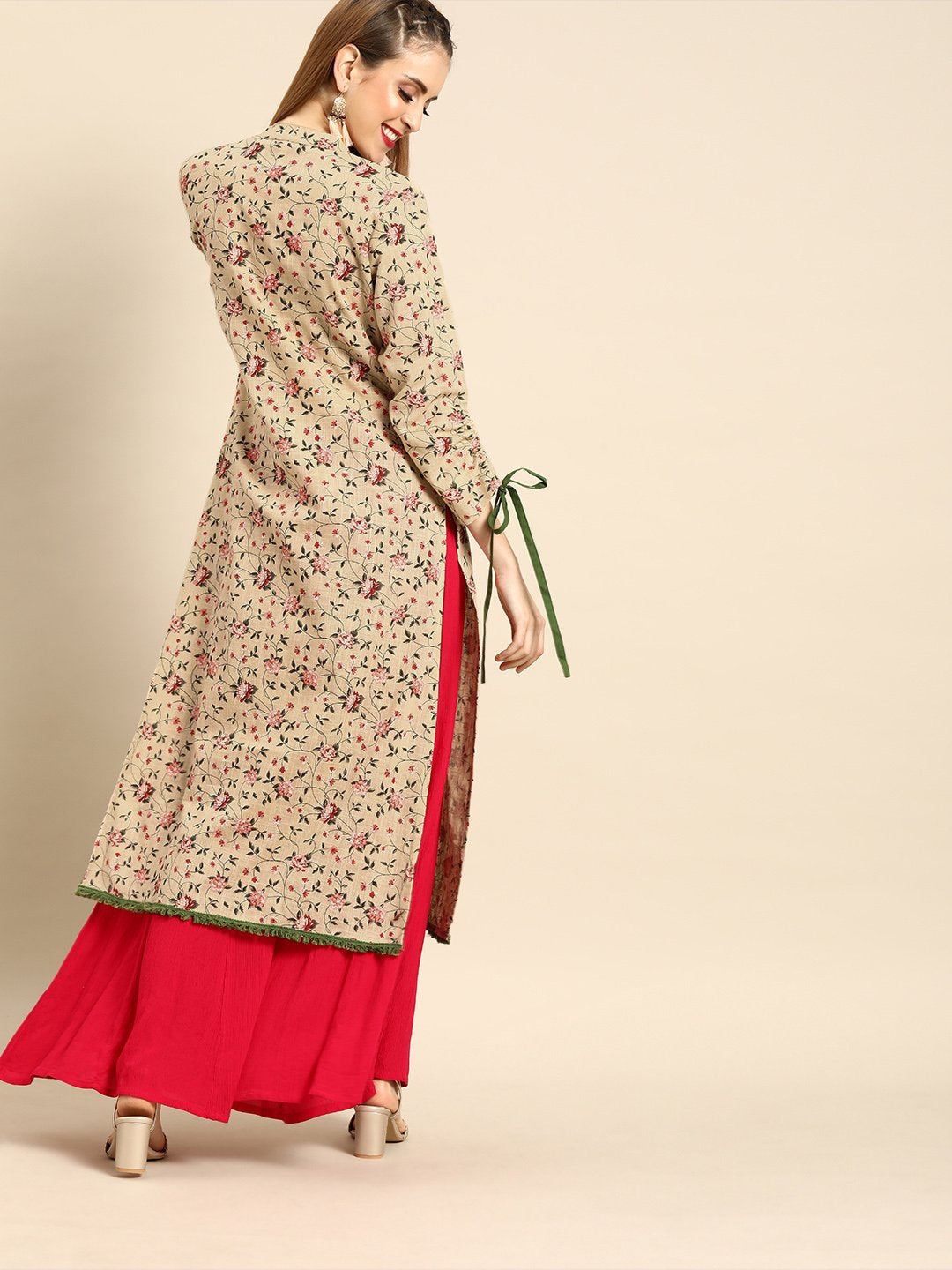 Women's Beige Calf Length Long Sleeves Straight Floral Printed Cotton Kurta