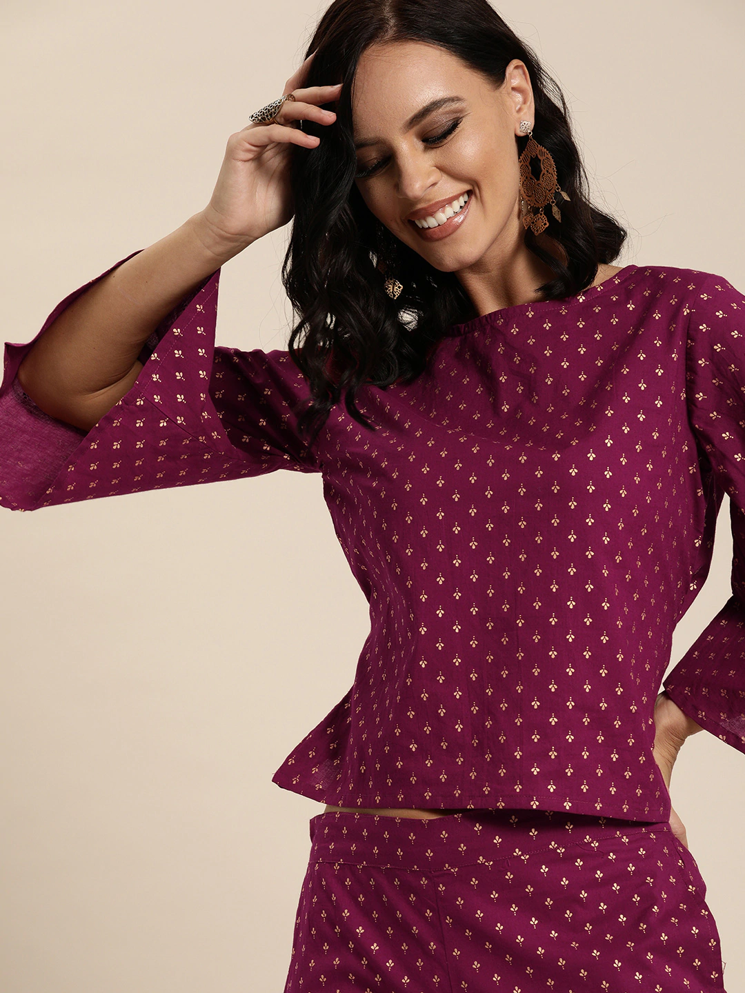 Women's Wine Printed Palazzo Saree With Blouse