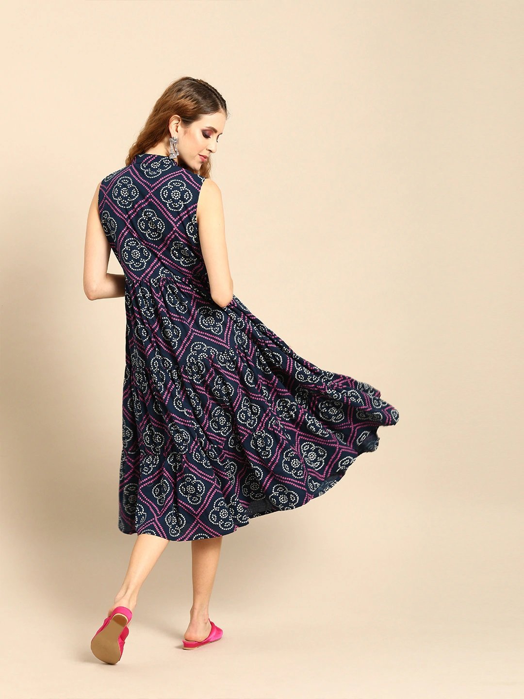 Women's Indigo Blue Calf Length Sleeveless A-Line Bandhani Printed Cotton Kurta