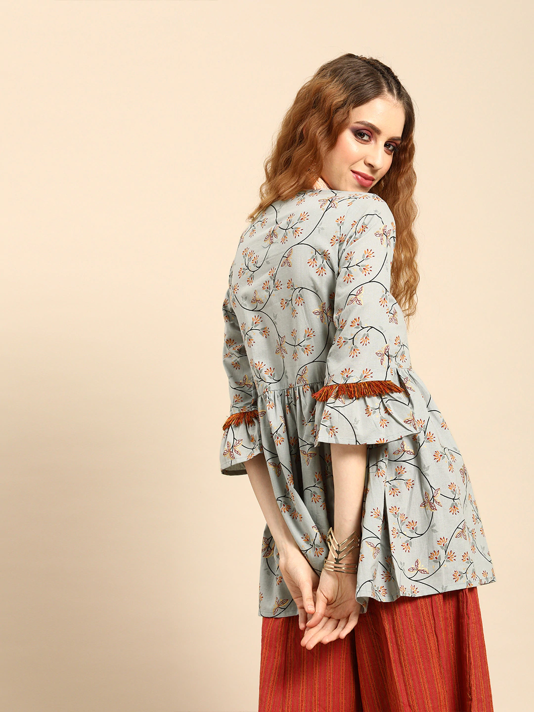 Women's Grey Printed Flared Floral Knitted Cotton Kurti