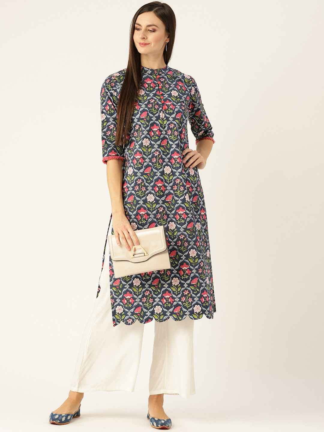 Women's Blue Calf Length Three-Quarter Sleeves Straight Floral Printed Cotton Kurta