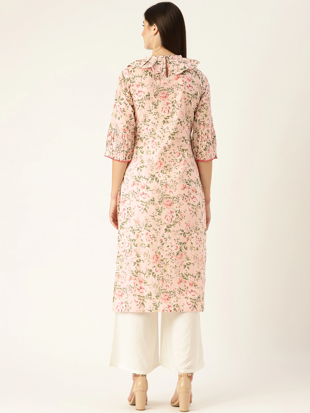 Women's Pastel Pink Calf Length Three-Quarter Sleeves Straight Floral Printed Kurta
