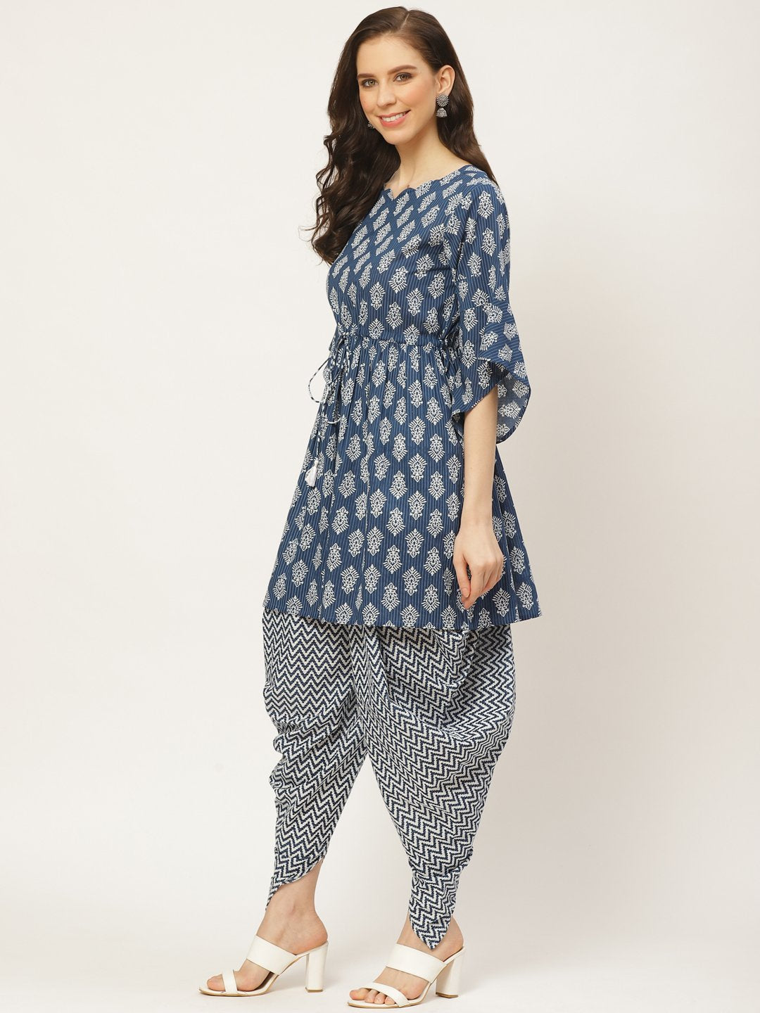 Women's Indigo Three-Quarter Sleeves Flared Kurta And Dhoti Pant Set