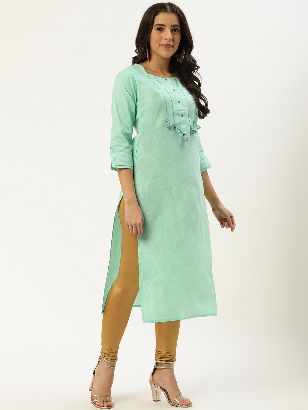 Women's Green Calf Length Three-Quarter Sleeves Straight Solid Cotton Kurta