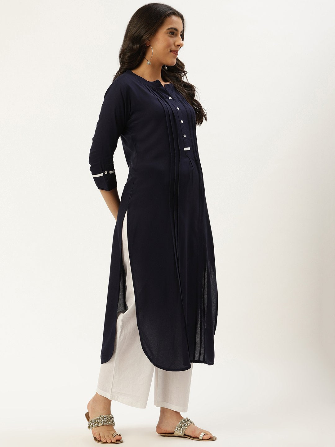 Women's Navy Blue Calf Length Three-Quarter Sleeves Straight Solid Viscose Rayon Kurta