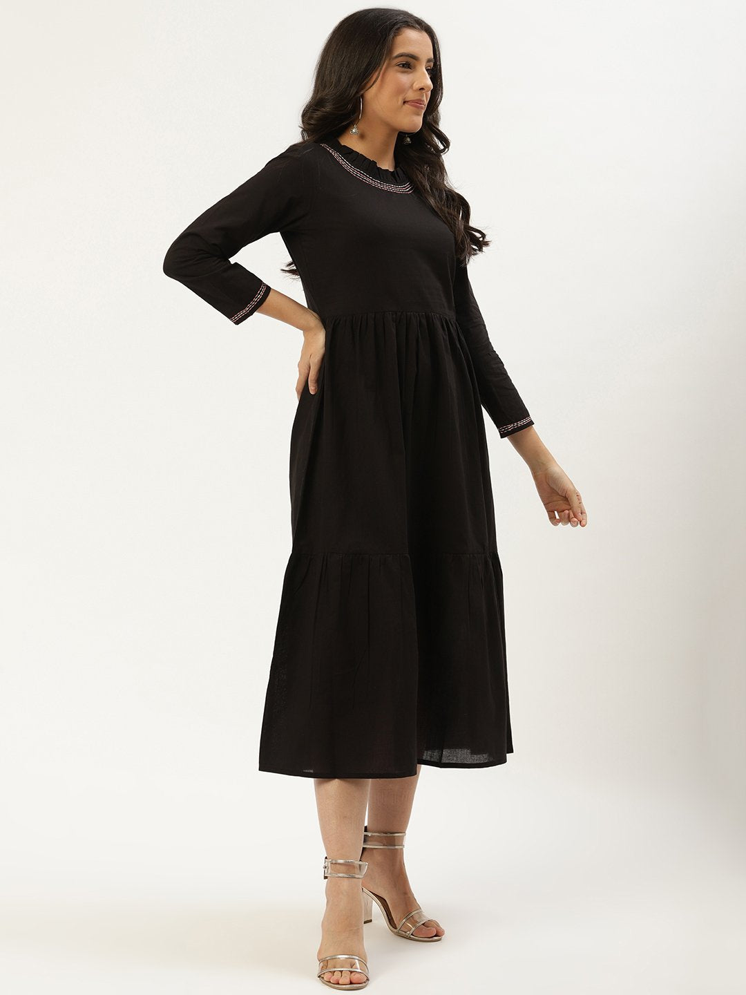 Women's Black Solid Solid Round Neck Cotton A-Line Dress