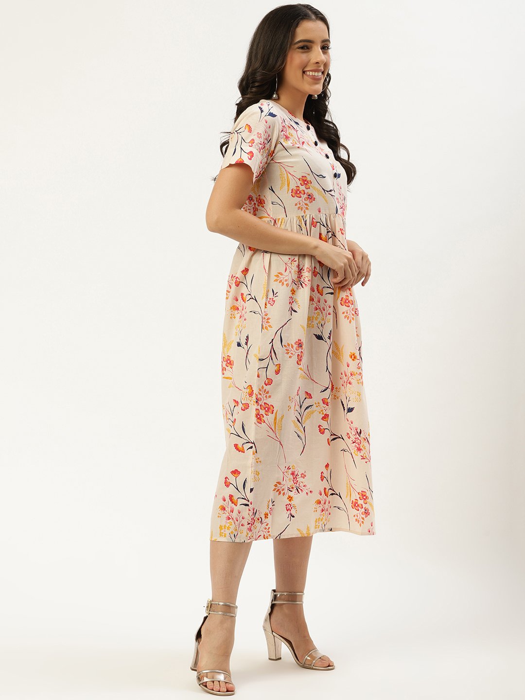 Women's Yellow Floral Printed Round Neck Cotton A-Line Dress