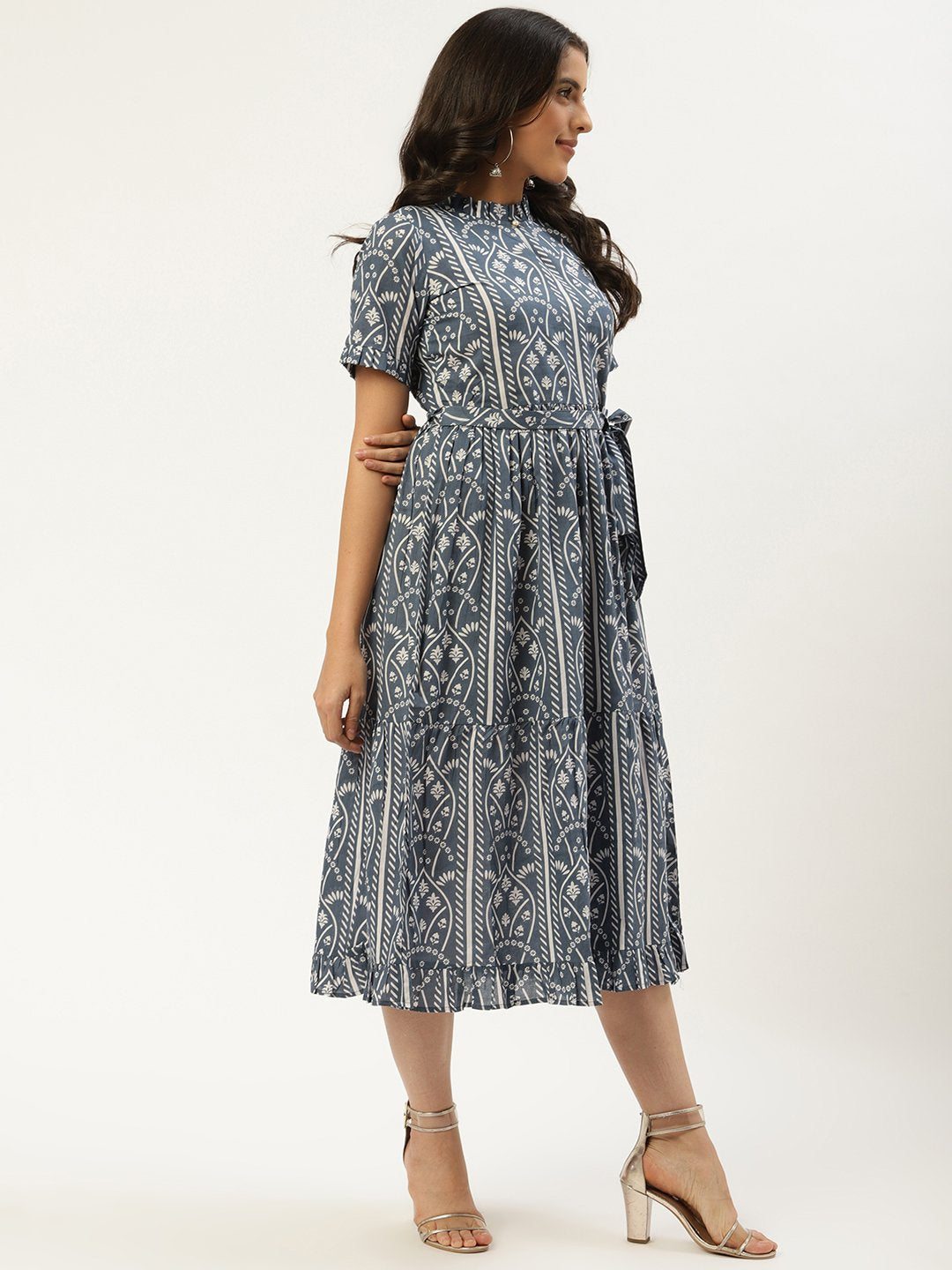 Women's Blue Ethnic Motifs Printed High-Neck Cotton A-Line Dress