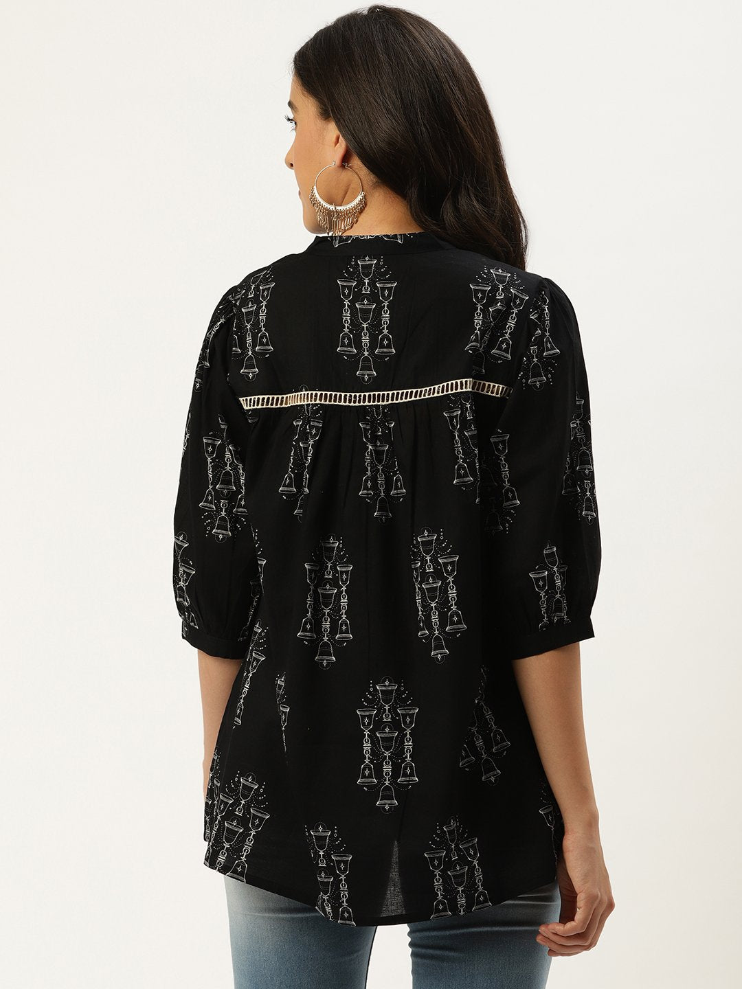 Women's Black Three-Quarter Sleeves Gathered Or Pleated Top
