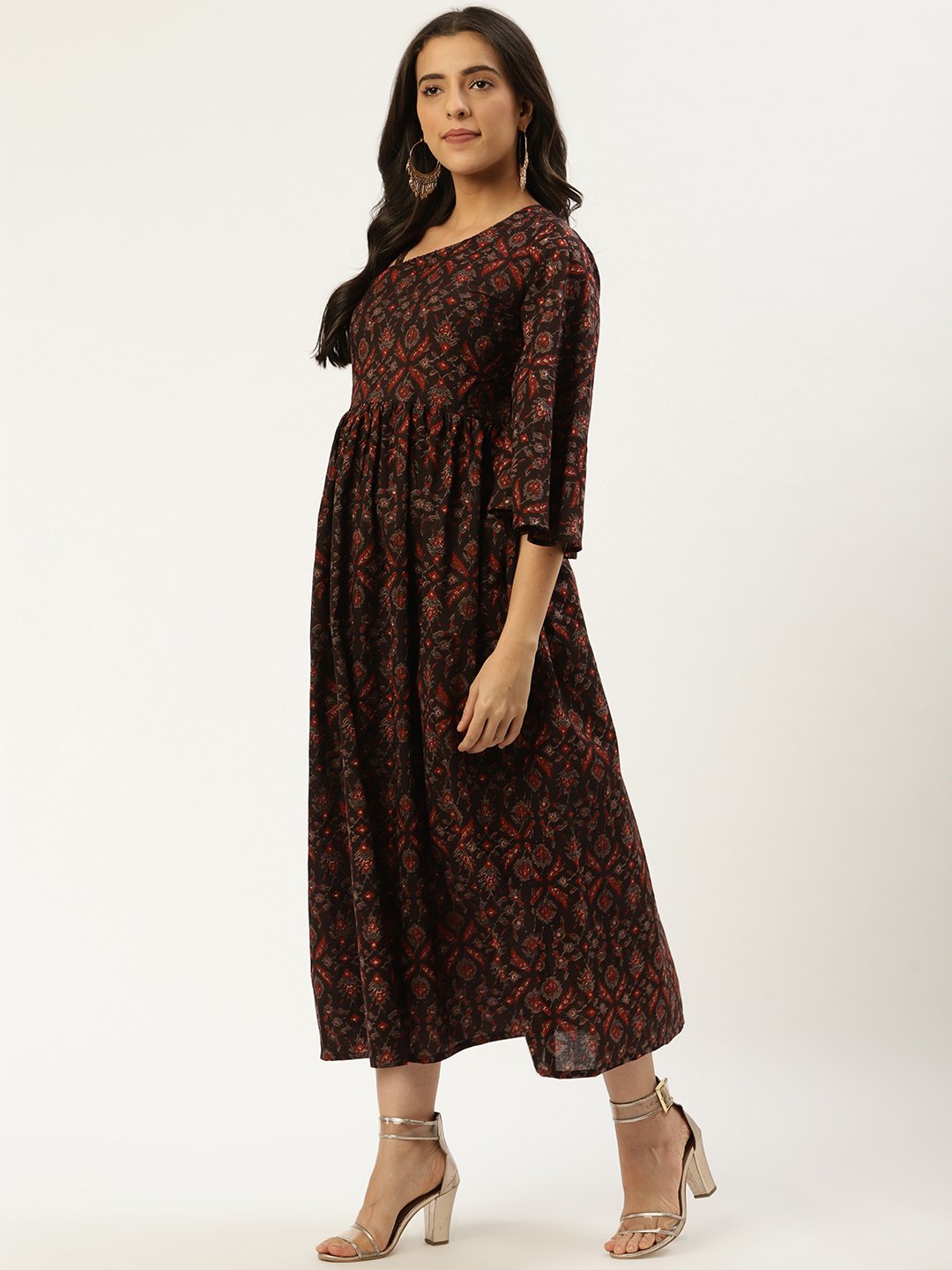 Women's Black Ethnic Motifs Printed One Shoulder Cotton A-Line Dress