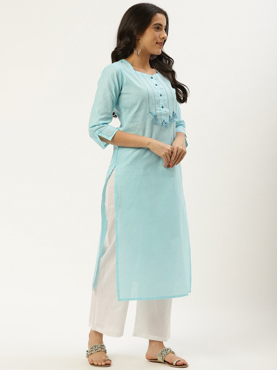 Women's Light Blue Calf Length Three-Quarter Sleeves Straight Solid Cotton Kurta