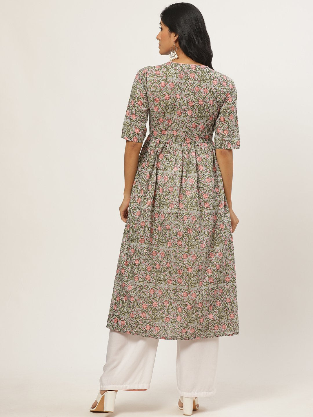 Women's Multi Calf Length Three-Quarter Sleeves A-Line Floral Printed Cotton Kurta