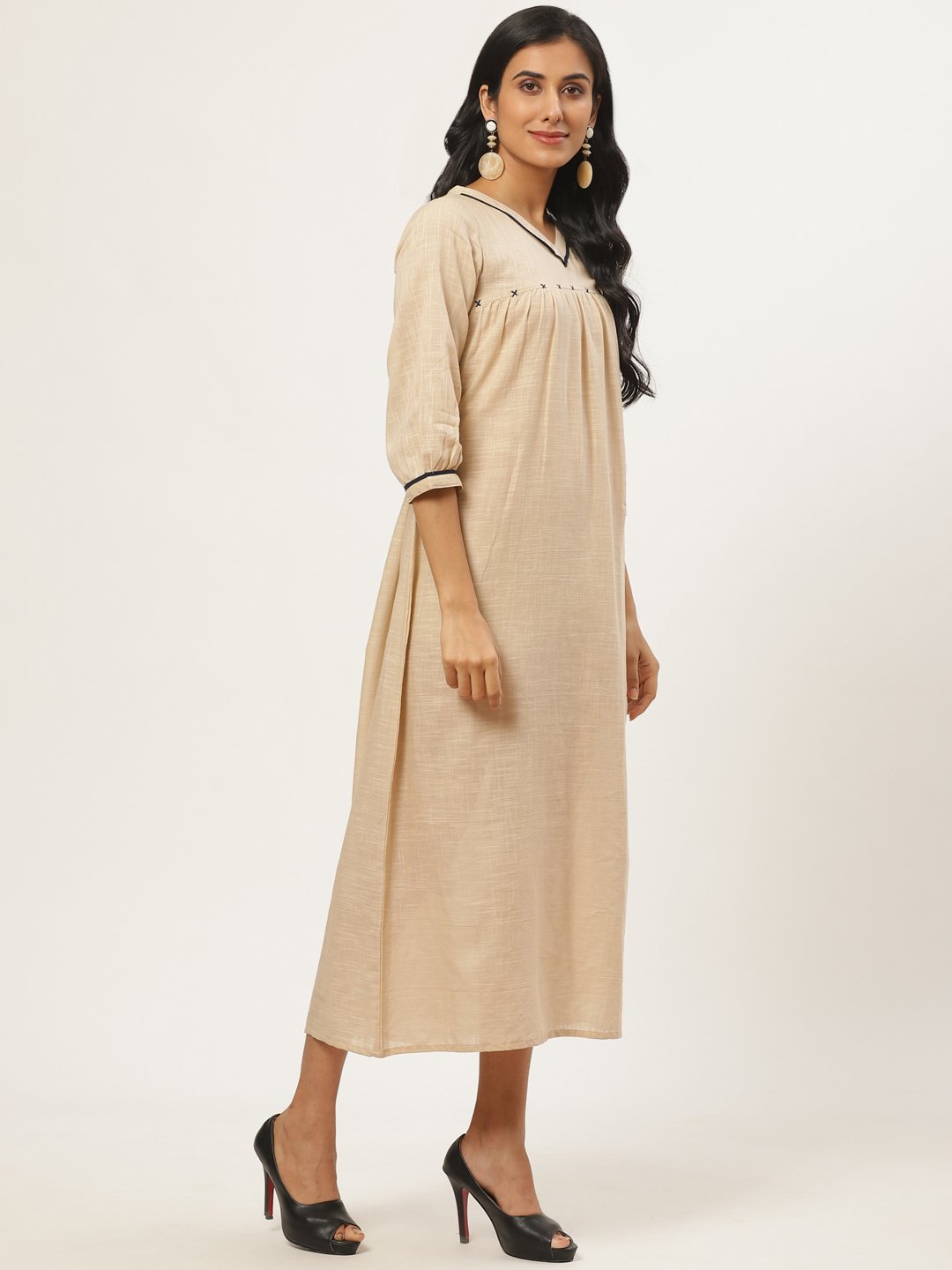 Women's Beige Solid Solid V-Neck Cotton A-Line Dress