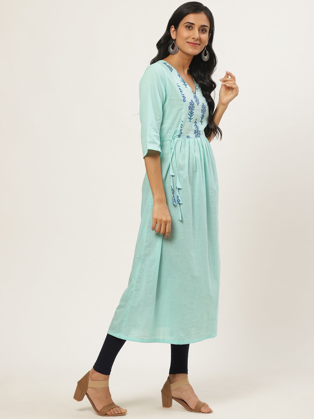 Women's Blue Calf Length Three-Quarter Sleeves A-Line Solid Solid Cotton Kurta