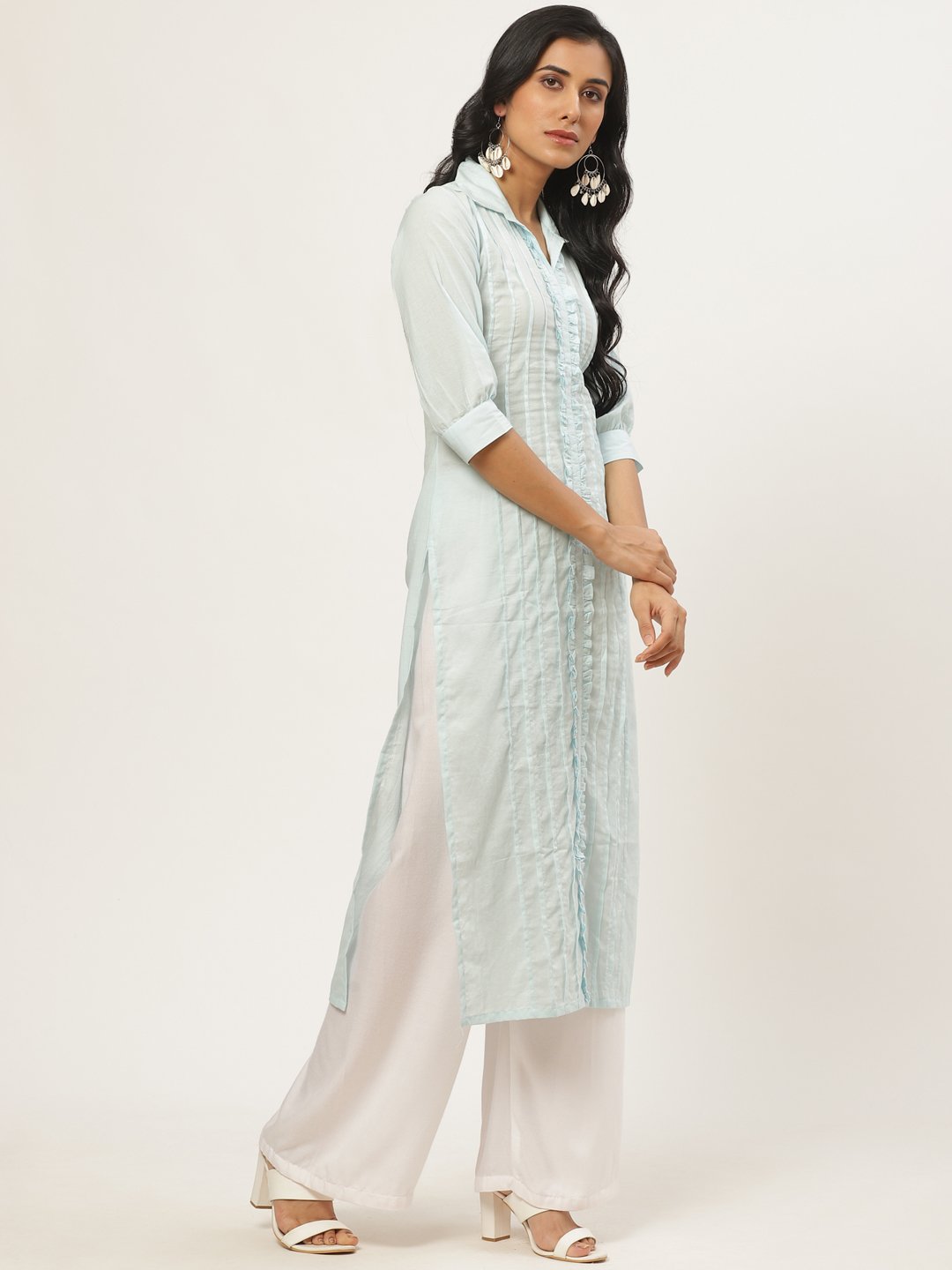 Women's Blue Calf Length Three-Quarter Sleeves Straight Solid Solid Cotton Kurta