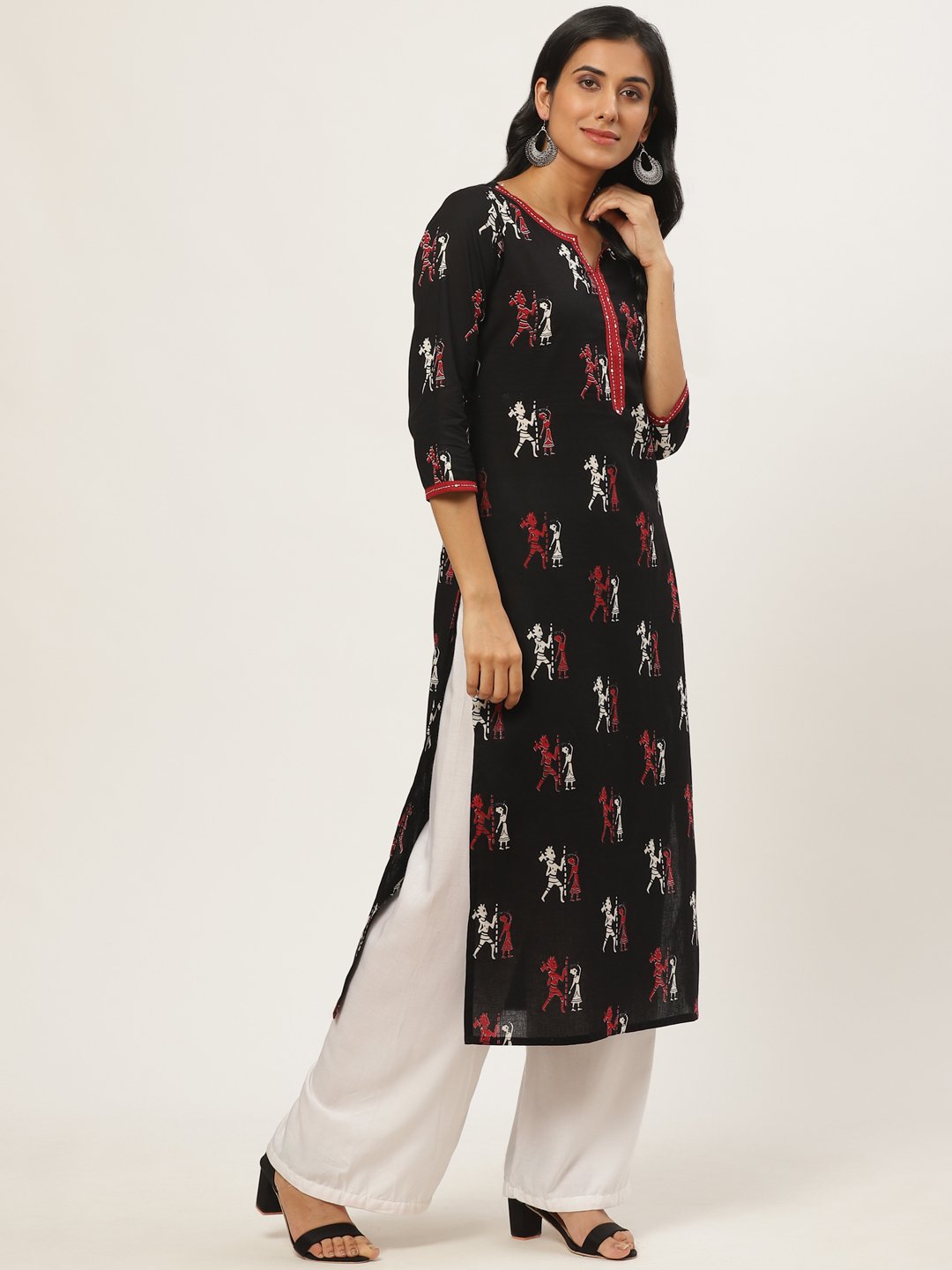 Women's Black Calf Length Three-Quarter Sleeves Straight Quirky Printed Cotton Kurta