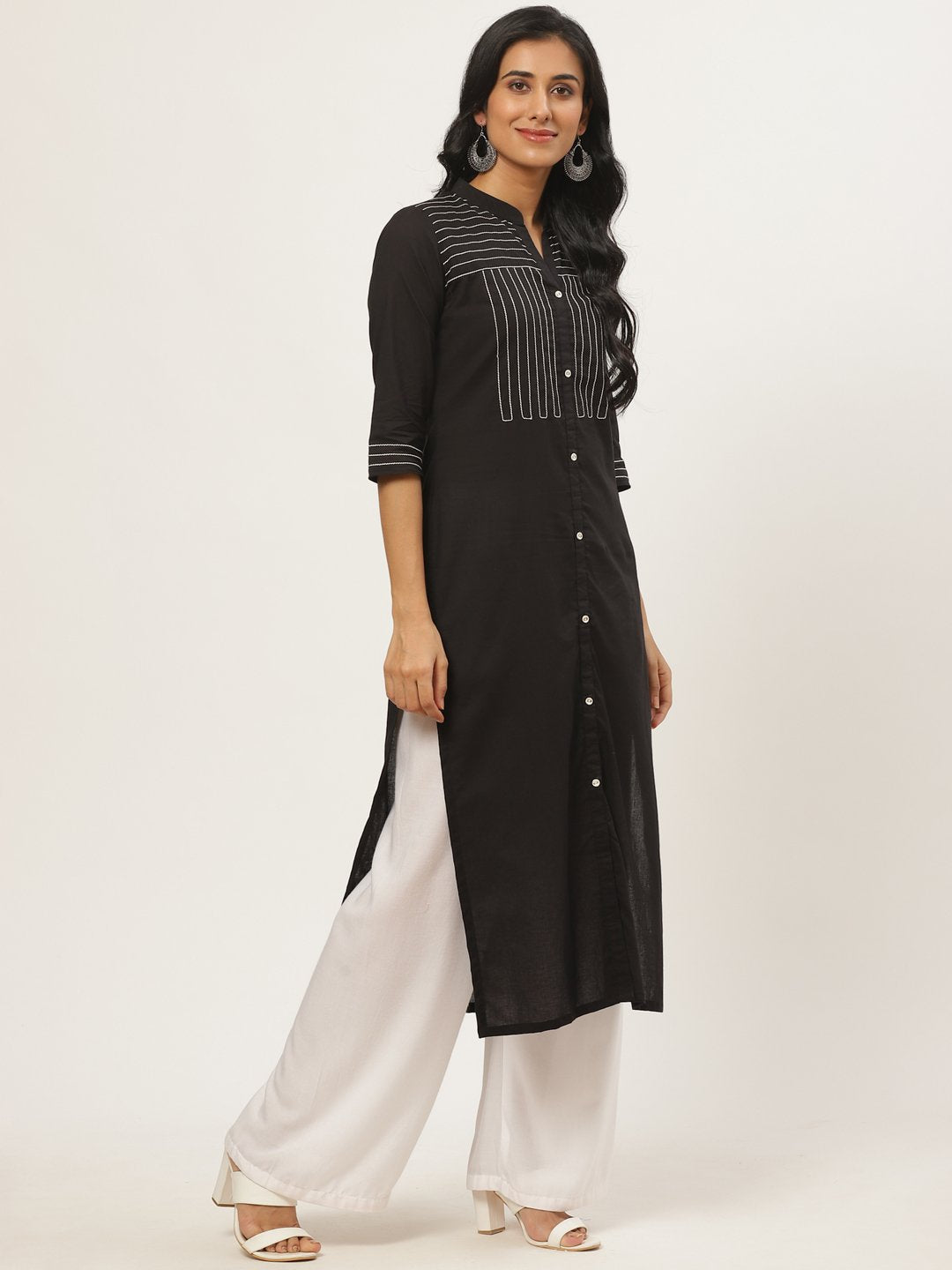 Women's Black Calf Length Three-Quarter Sleeves Straight Solid Yoke Design Cotton Kurta