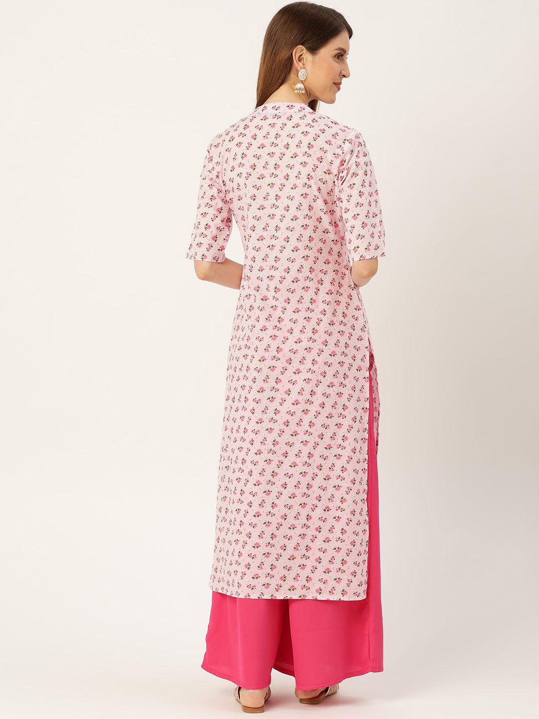 Women's Pink Calf Length Three-Quarter Sleeves Straight Floral Printed Cotton Kurta