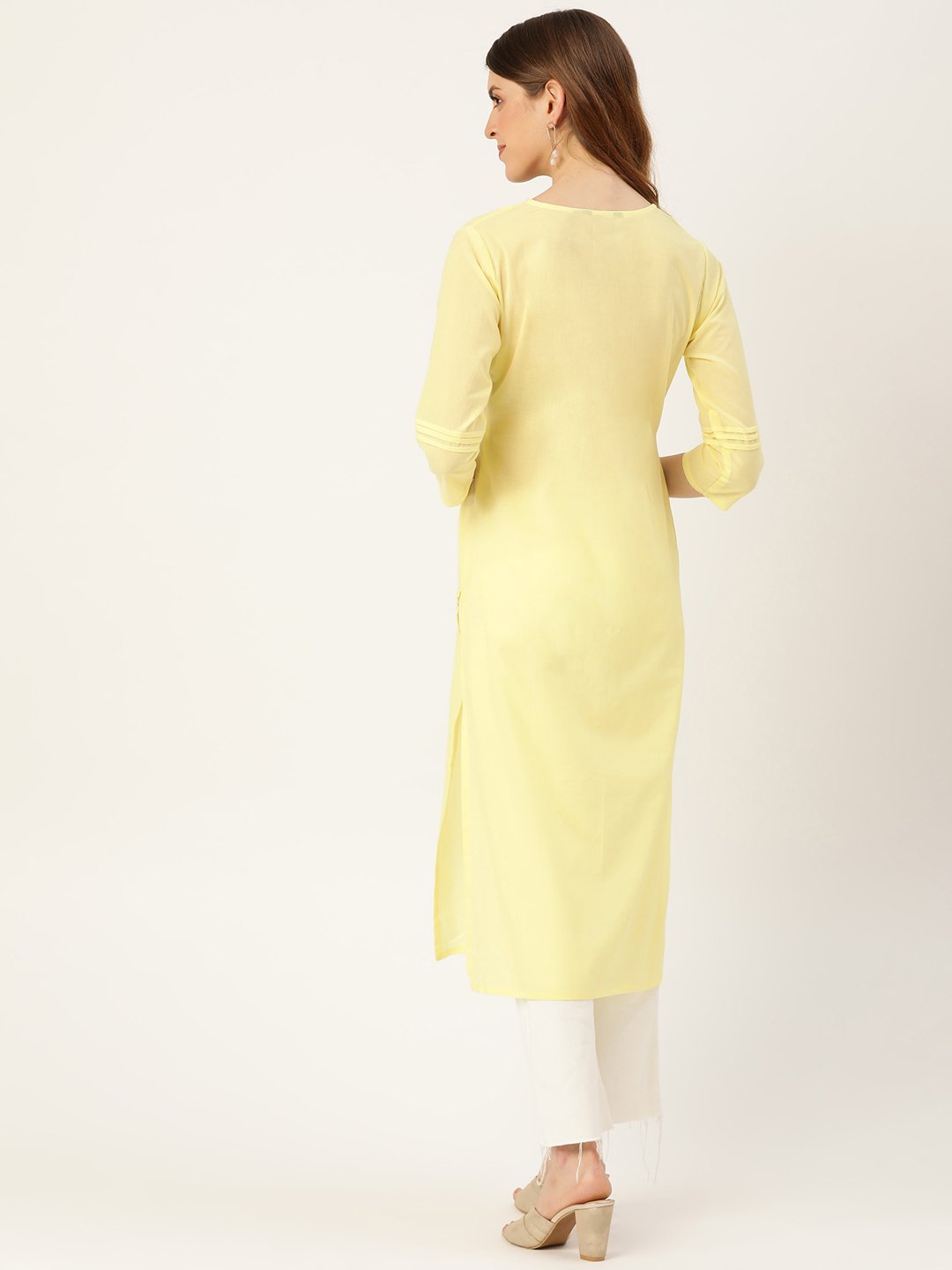 Women's Limeyellow Calf Length Three-Quarter Sleeves Straight Solid Solid Cotton Kurta