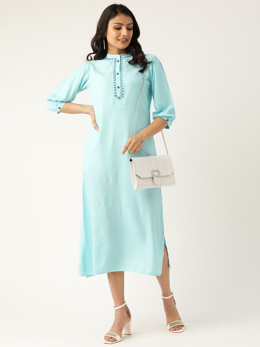 Women's Blue Solid Solid Mandarin Collar Viscose Rayon A-Line Dress