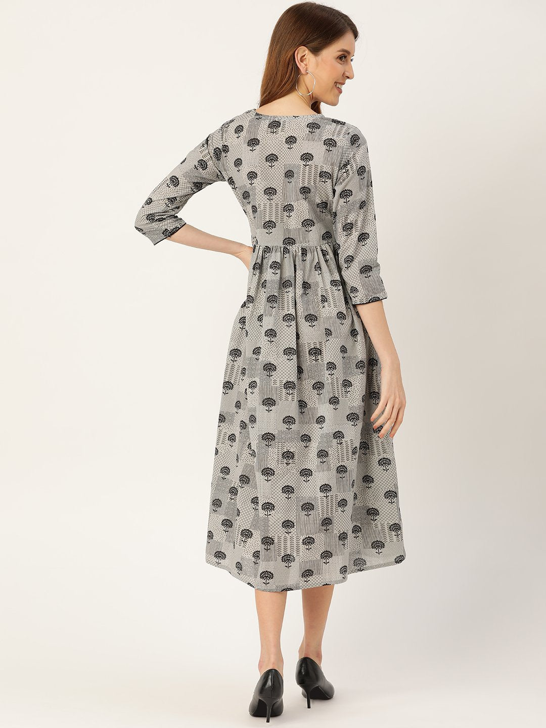 Women's Grey Floral Printed Round Neck Cotton A-Line Dress