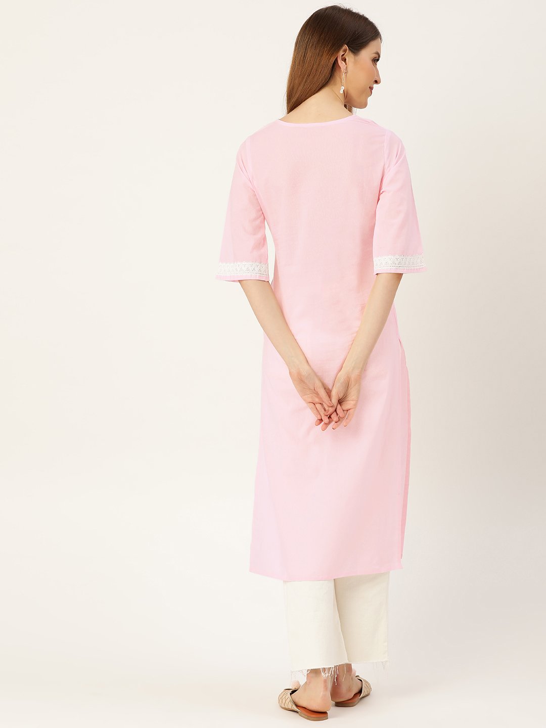 Women's Pink Calf Length Three-Quarter Sleeves Straight Solid Solid Cotton Kurta