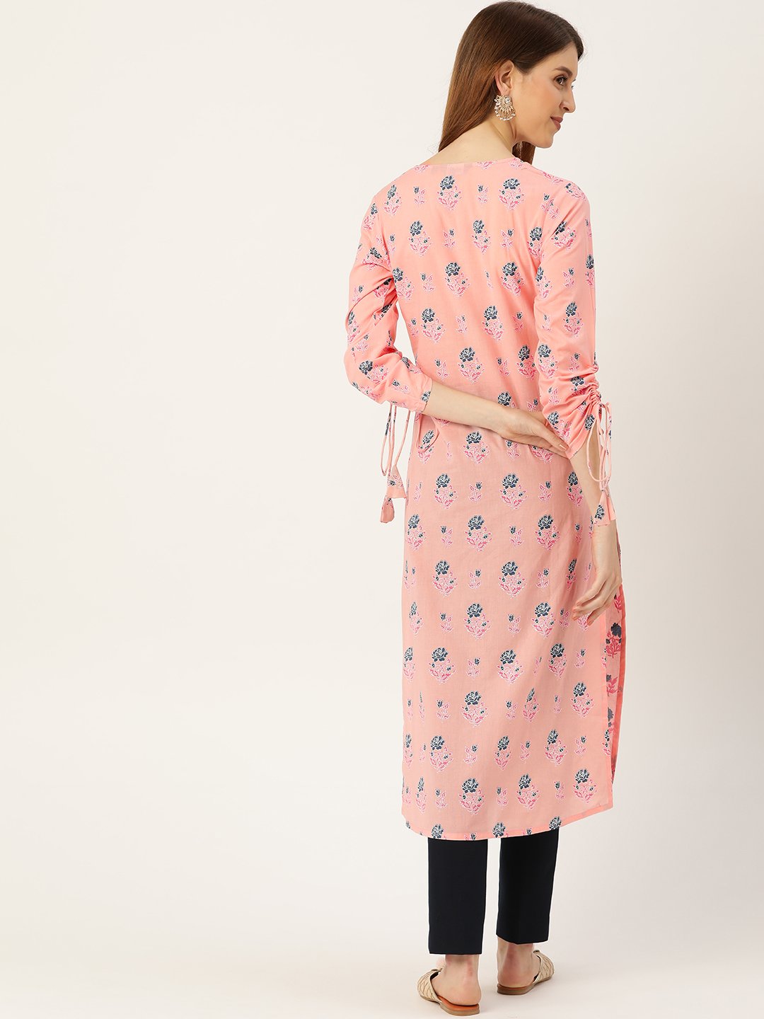 Women's Pink Calf Length Long Sleeves Straight Floral Printed Cotton Kurta
