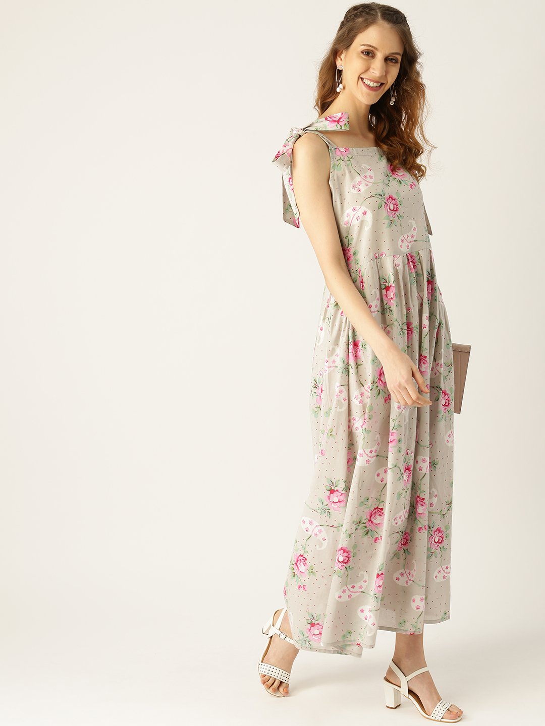 Women's Grey Floral Printed Halter Neck Cotton Fit And Flare Dress