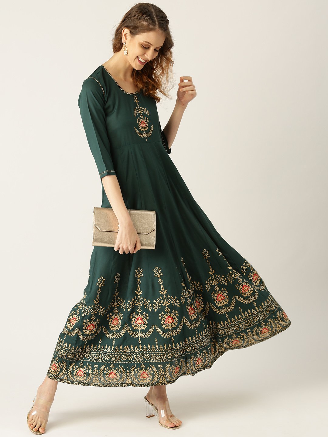 Women's Green Solid Solid Round Neck Viscose Rayon Fit And Flare Dress