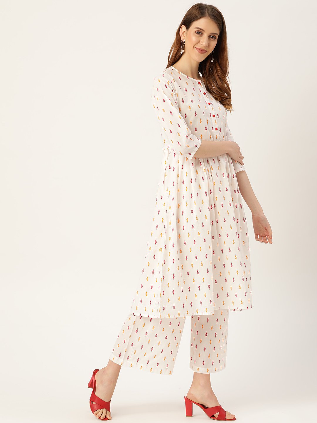 Women's White Three-Quarter Sleeves Flared Kurta With Palazzo
