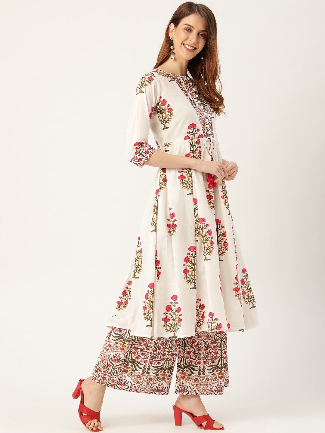 Women's White Three-Quarter Sleeves Flared Kurta With Palazzo